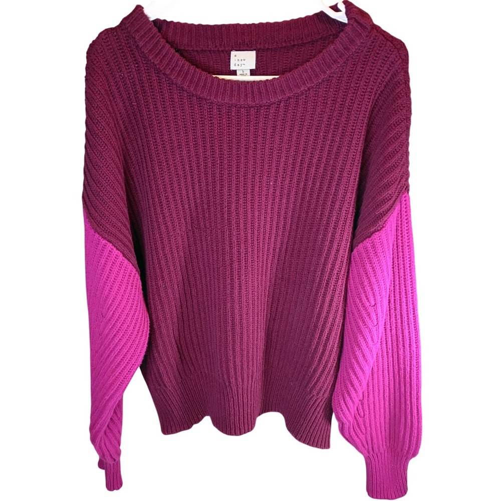 A New Day Colorblock Ribbed Sweater Burgundy Magenta Pink Crew Neck Size L